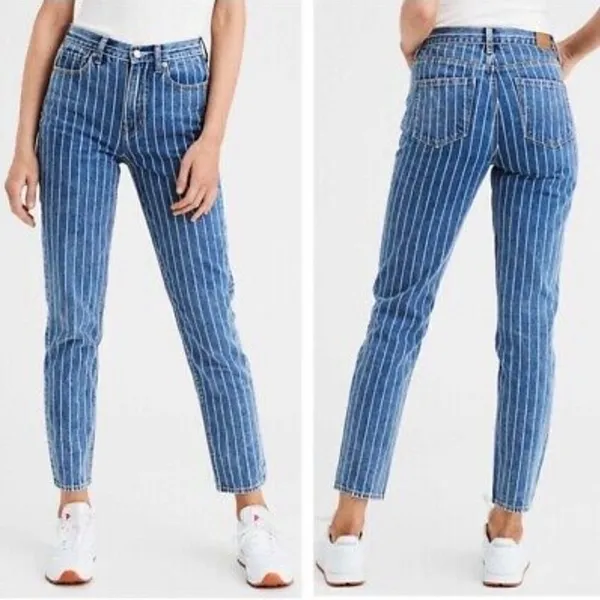 American Eagle Indigo Striped Hi‎ Rise Mom Jean Size 8 Blue NWT - Image 2