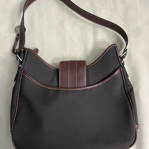 🤎 Etienne Aigner Brown Leather & Canvas Shoulder Bag | Classic Buckle Hobo - Image 2