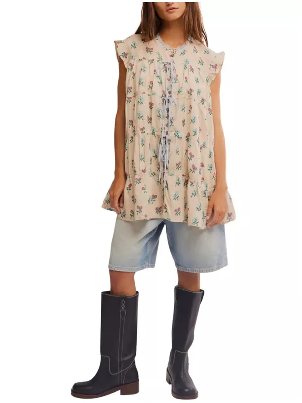 Free People Sundown Tunic Dress Printed Buttondown Cap Sleeve Ivory Size Large - Image 3