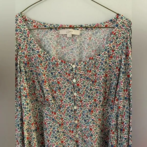 Loft Floral Funky Multi Color Blouse Long Sleeve Top Bell Bottom Sleeves Size S - Image 4