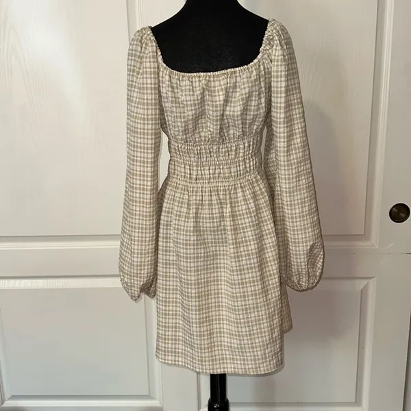 Leyden Cream Tan Gingham Ruched Detail Balloon Sleeve Western Dress - Image 2