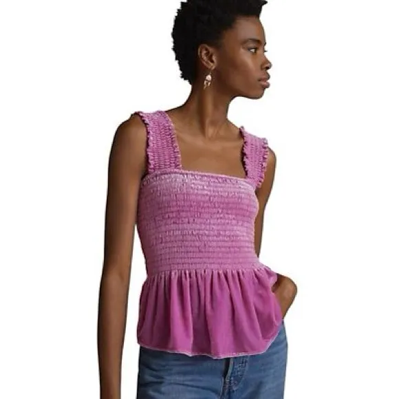Anthropologie Pink Smocked peplum velvet sleeveless blouse size s - Image 2