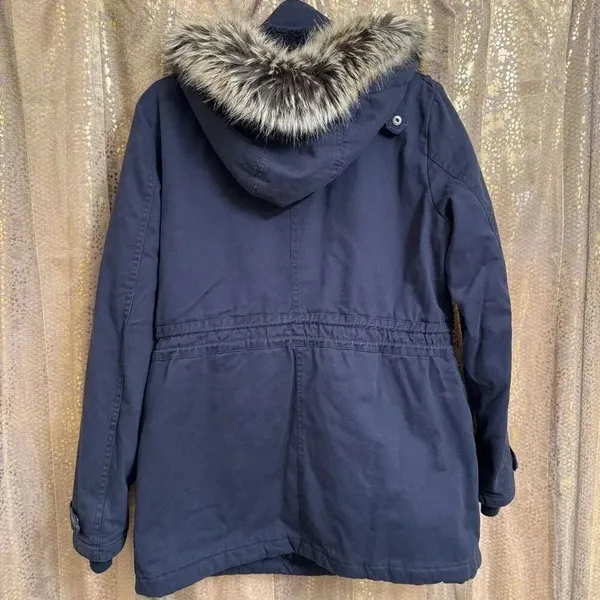 BCBGeneration Navy Blue Hooded Faux Fur Trim Anorak Parka Coat Large - Image 2