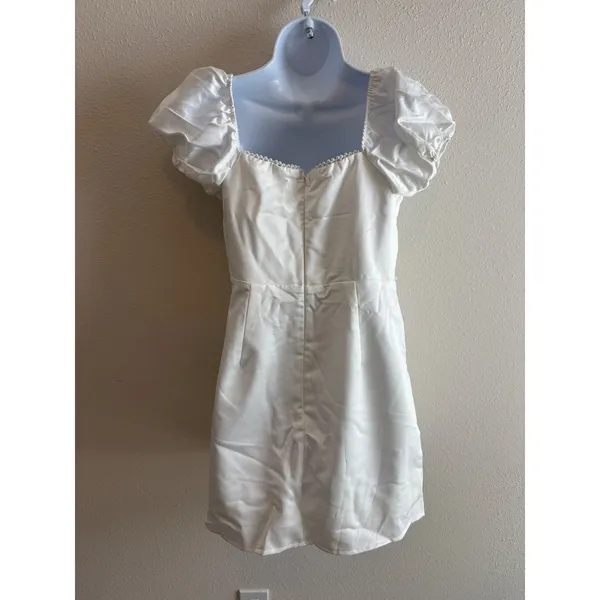 Lulus Adorable Poise Dress Women L White‎ Pearl Trim Puff Sleeve Mini BJD419 - Image 3