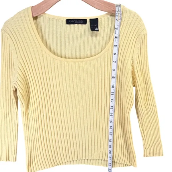 Vintage Y2K Express Ribbed Knit Sweater L Butter Yellow Fitted Stretch Mallcore - Image 6