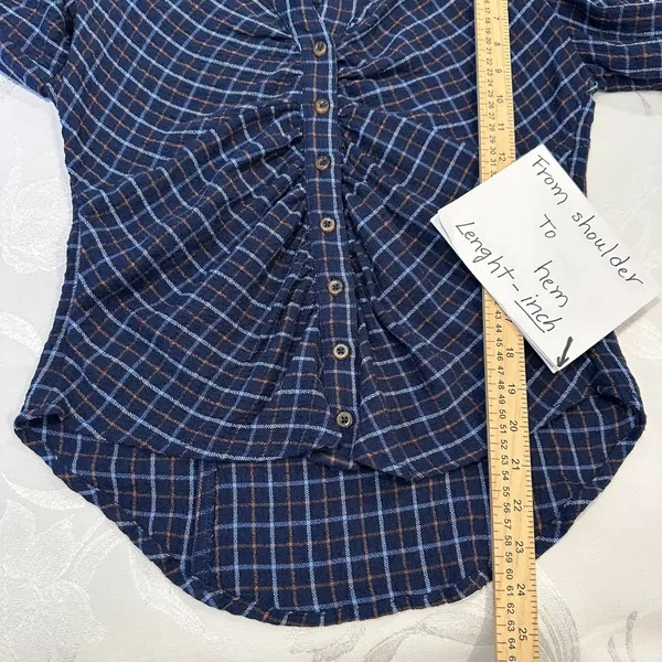 Pilcro Anthropologie Womens-S Blouse Blue Plaid‎ Ruched Button Front Flannel - Image 5