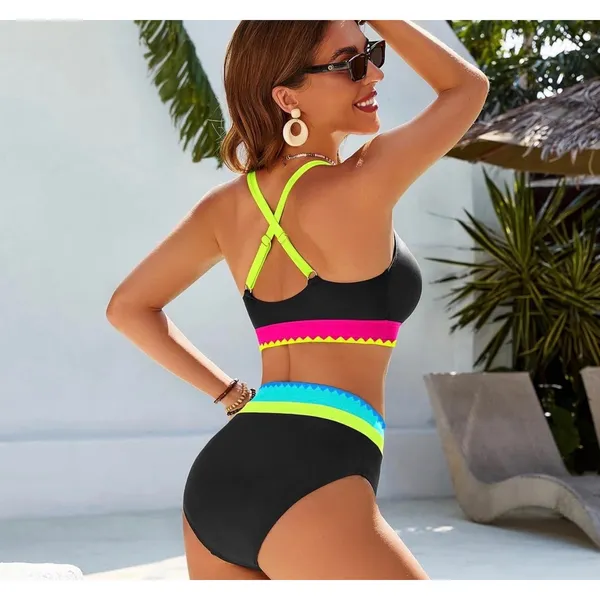 NWT Blooming Jelly High Waisted Bikini Set Tummy Control Neon Color Block Large - Image 3