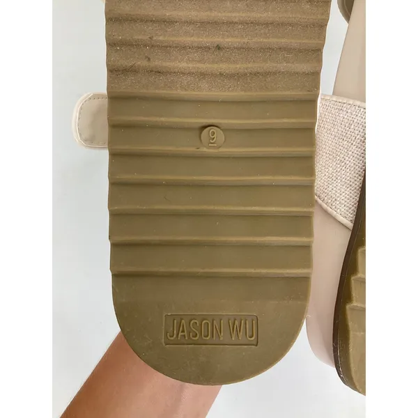 Jason Wu Womens Cream Linen‎ Double Buckle Slide Sandals Gold Bamboo Detail 9 - Image 7