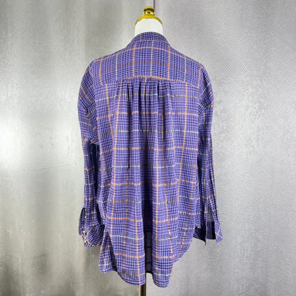 Free People Purple Plaid Metallic Button Down Shirt Womens Small Oversized Top - Image 5