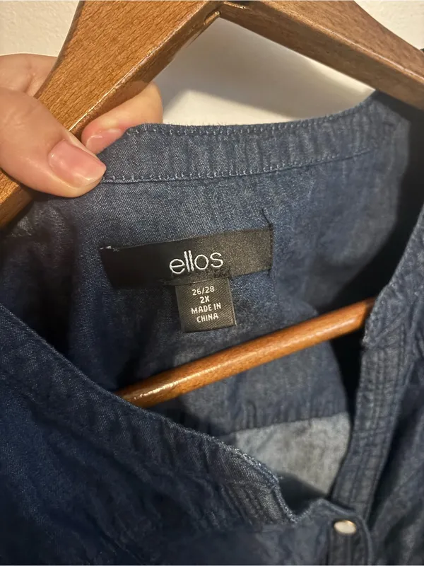Ellos Plus Size Blue Denim Chambray Button-Front Roll Tab 3/4 Sleeve Tunic Shirt - Image 4