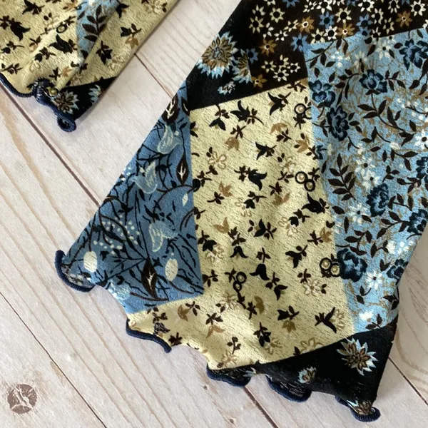 Y2k vintage boho floral patchwork blouse long sleeve blue brown tan large - Image 4