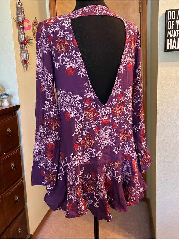 Free People Smooth Talker purple floral long sleeve tunic dress drop waist XS - Image 3