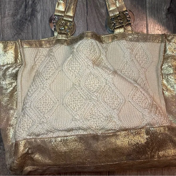 TORY BURCH Tote Bag Cable Knit METALLIC GOLD TRIM Wool Silk Lining Horse READ! - Image 8