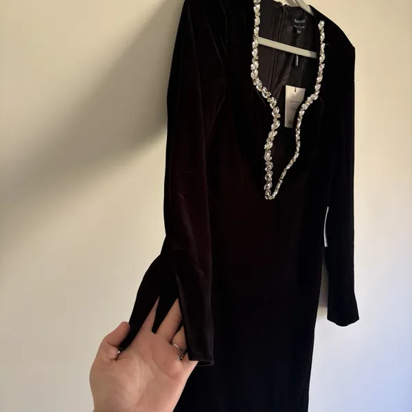 Bardot Audrina‎ Velvet Dress NWT Medium 6 Anthropologie Black Rhinestone Trim - Image 5