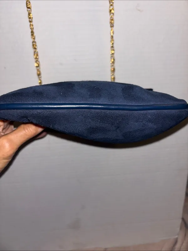 Sheldon Original..Vintage Navy Blue Suede With Gold Toned Crossbody Chain - Image 10
