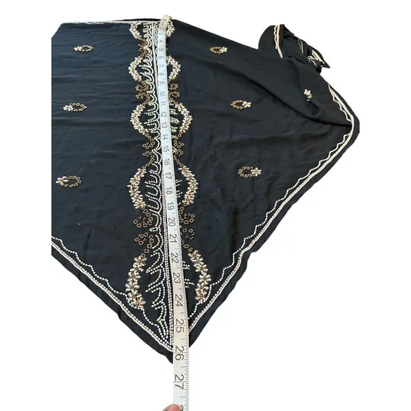 Black Embroidered Sheer Scarf Evening Wrap Shawl Gold & White Beaded Detailing - Image 5