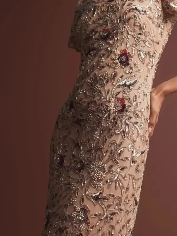 NWT MAC DUGGAL 10102 Beige Floral Embellished Short Sleeve Midi Dress Size 4 - Image 7