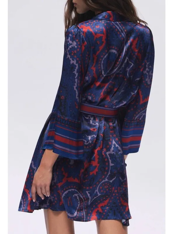 Hermoza Gabriela Printed Satin Belted Dress Midnight Blue Red - Image 3