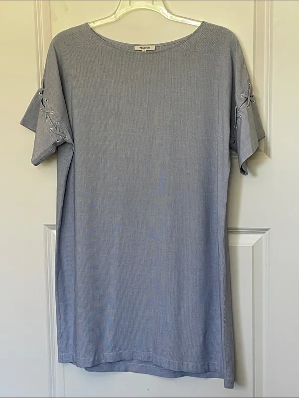 Madewell Blue Pinstripe Lace Up Sleeve Shift Dress Medium - Image 3