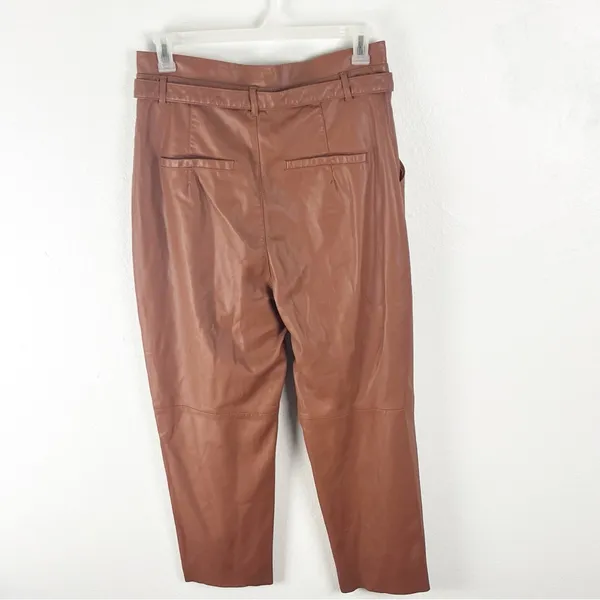 FREE PEOPLE Faux Leather Camel Paperbag Tie Waist Raw Hem Pants 14 Boho Chic - Image 2