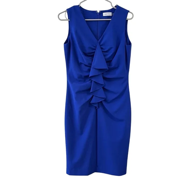 Calvin Klein Royal Blue Ruffle V Neck Sleeveless‎ Shift Dress Size 6 - Image 2