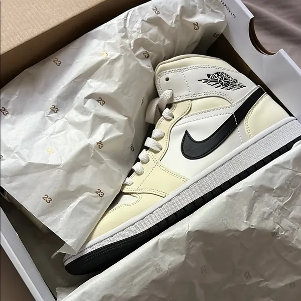 Nike Air Jordan 1 Mid Ivory and Black Shoes - Image 2