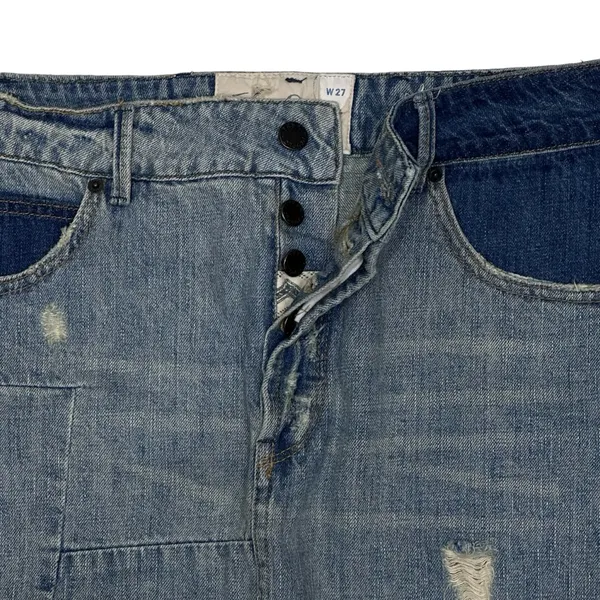 FREE‎ PEOPLE Denim Mini Skirt Women’s Size 27 2 Tone Blue Distressed Button Fly - Image 3