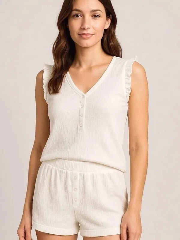You Say Pajama Set Women x-Small White‎ Henley Ruffled Short Set - Image 2