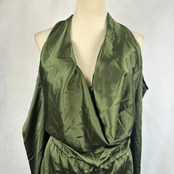 New PRETTYLITTLETHING Khaki Satin Cowl Cold Shoulder Bodycon MiniDress‎ Green 4 - Image 6