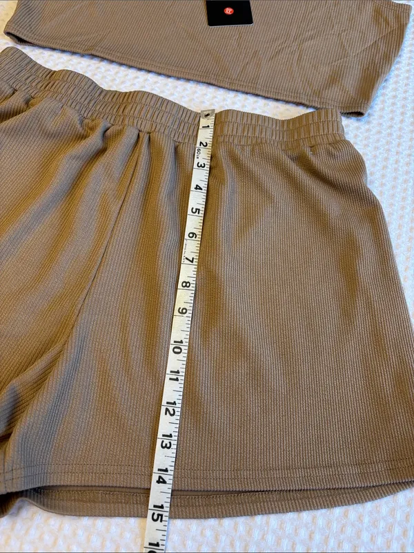 NEW Set! XL Ribbed Scoop Neck Crop Top & Elastic Waist Shorts Set Tan - Image 11