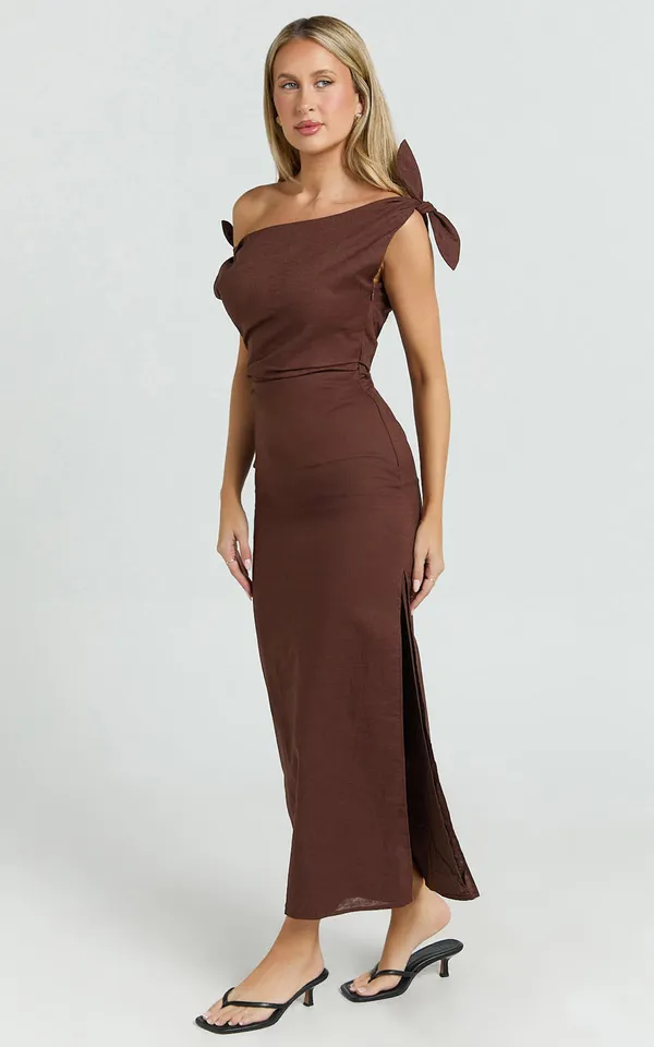 New Showpo Cincinnati Off The Shoulder Side Split Column Linen Dress Size 10 - Image 4
