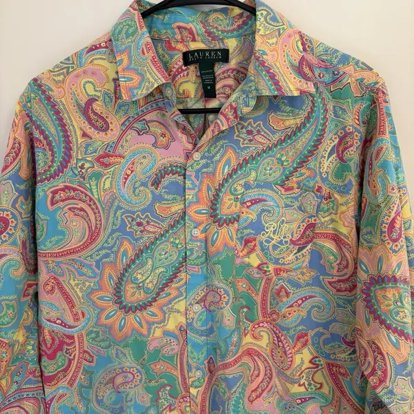 Lauren Ralph Lauren Women's Paisley Button Shirt Blouse Teal Pink Yellow Medium - Image 7