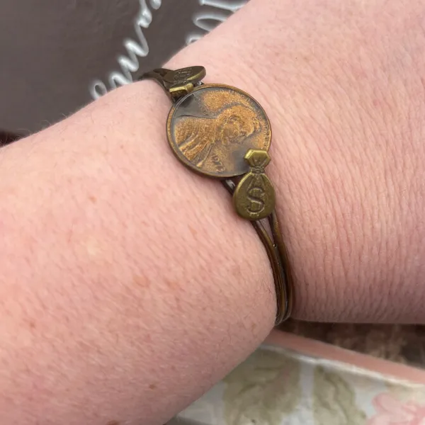Vintage 1973 Penny Bracelet Boho Coin Cuff Americana Adjustable - Image 7
