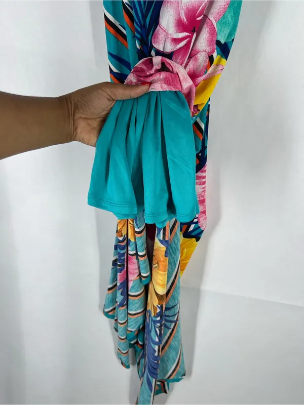 Tropical Floral Striped Crisscross Back Maxi Dress Medium‎ Side Slit - Image 7