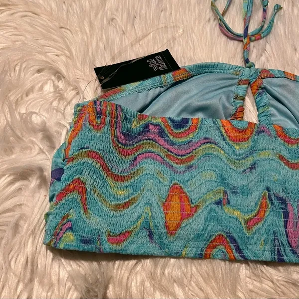 Wild Fable Women's Size XS Swirl Marble Halter Crop Top Aqua Blue Woven Smocked - Image 7