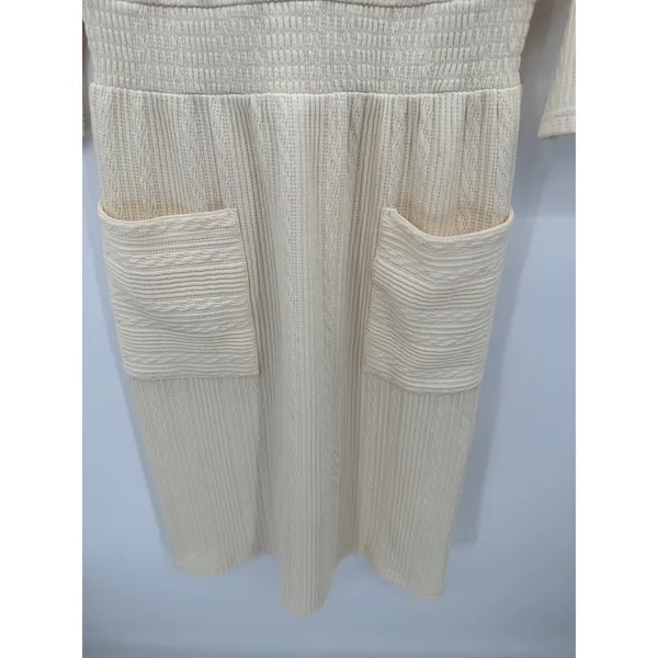 Roolee‎ Women Cream Textured Knit Midi Dress Long Sleeve Patch Pocket Medium - Image 4
