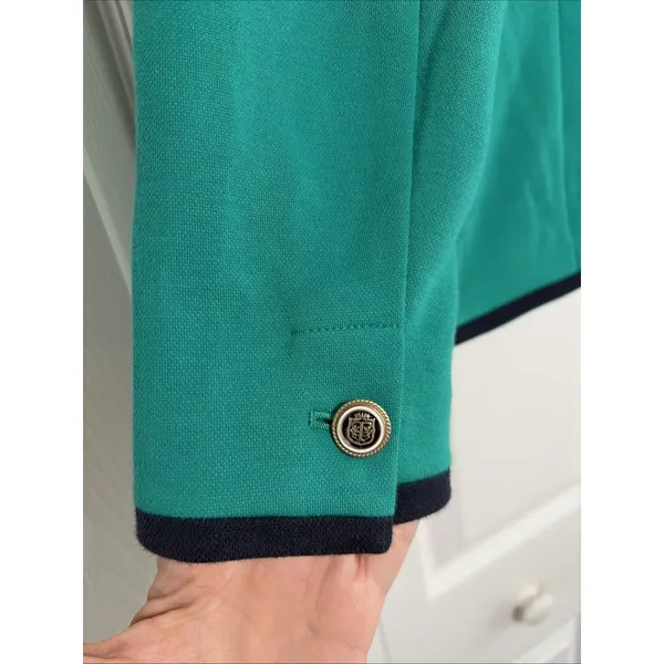Talbots Aberdeen Knit Blazer Womens Size 10 Green Navy Trim Career Cotton Blend - Image 6
