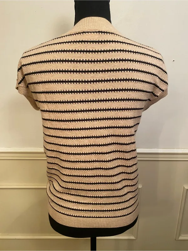 Striped V-Neck Short-Sleeve Knit Top Cream & Black Mesh by Wiholl - Image 2