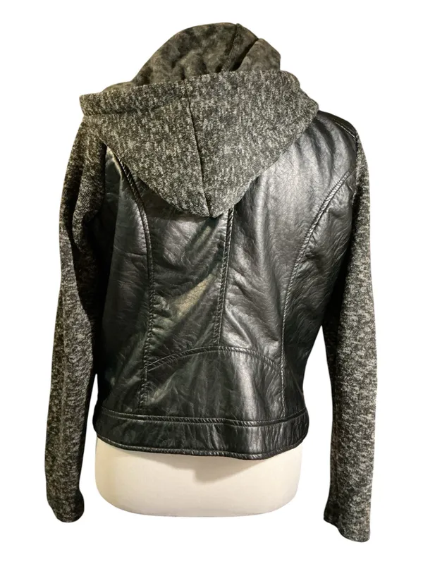 J2 Womens XL Black Faux Leather Mixed Media Moto Jacket Gray Knit Hood Sleeves⁠ - Image 2
