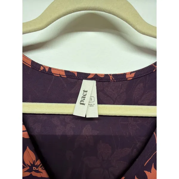 PACT Easy Fit & Flare Dress Plum Botanical Organic Cotton Flutter Sleeve Small - Image 3