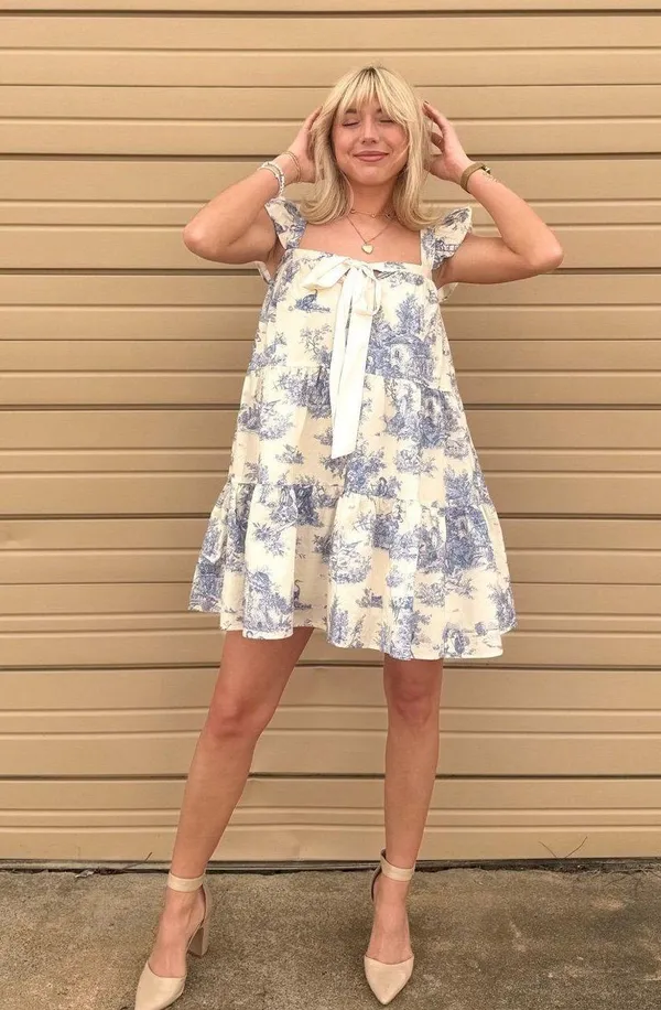 Blue and cream toile mini dress small - Image 2