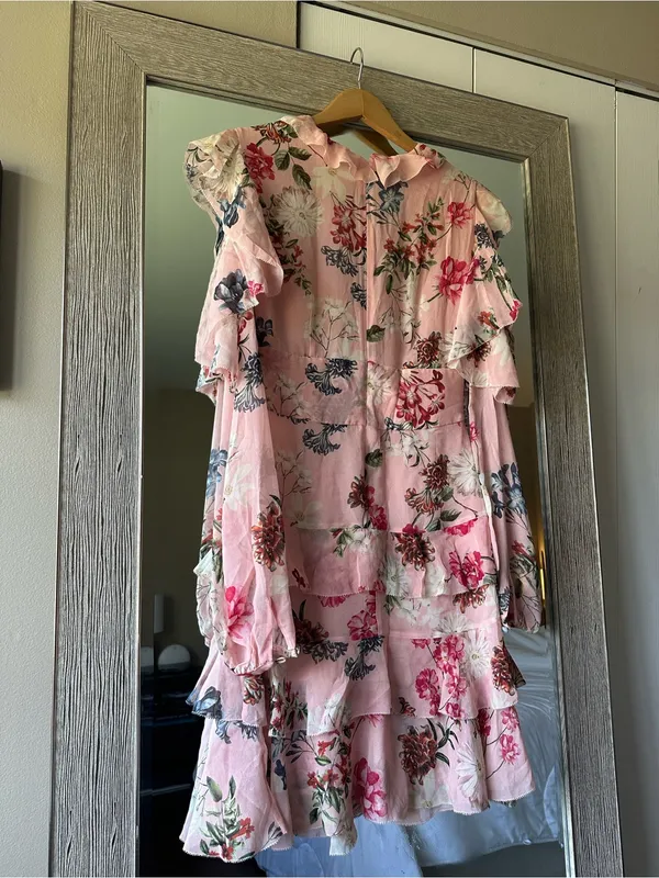 NICHOLAS Pink Floral Long Sleeve Ruffle Cold Shoulder 100% Silk Dress Size 2 XS - Image 4