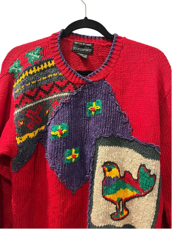 VTG Counterparts Hand Knit Bird Novelty Sweater Red Patchwork Folk Art Cotton M - Image 3