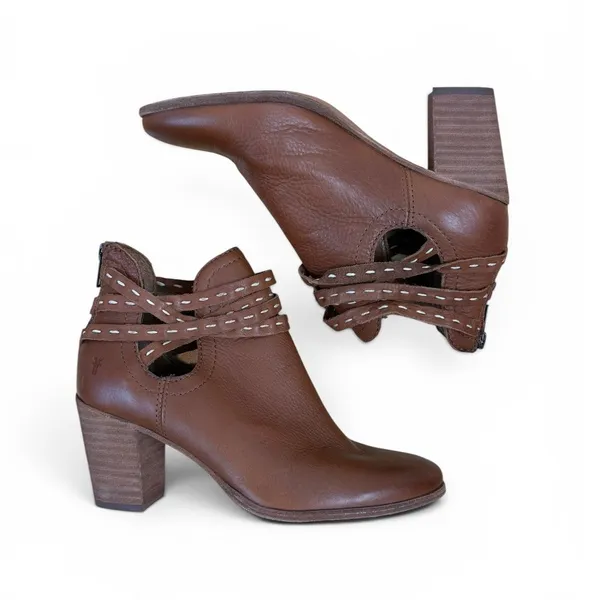 Frye Naomi Pickstitch Brown Leather Heeled Ankle Bootie Americana Cutout Sz 6.5 - Image 2
