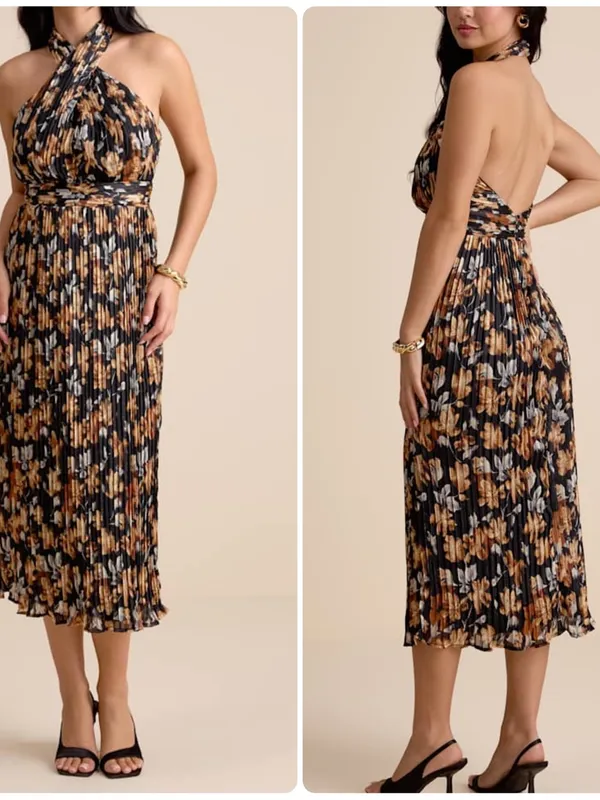Lulus Gardena Black Floral Pleated Cross-Front Halter Midi Dress - Image 2