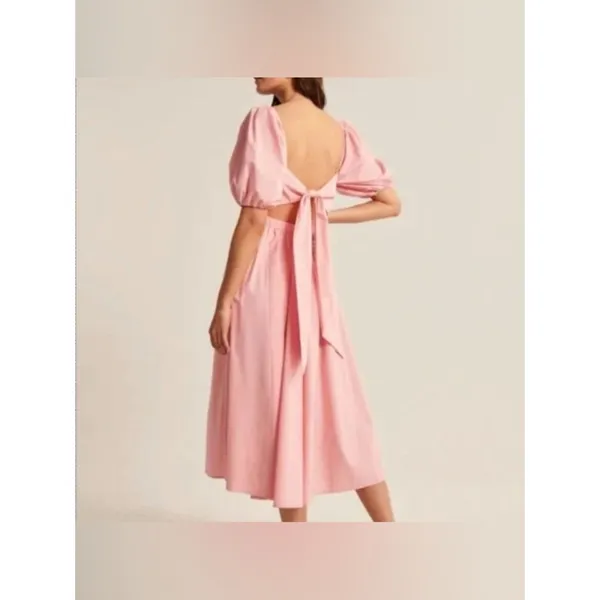 Abercrombie and Fitch O-Ring Backless Midi Puff Sleeve Dress Pink - Image 2