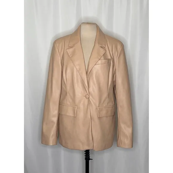 AVEC LES FILLES Tan Vegan Faux Leather Jacket Blazer Single Button Solid X-Large - Image 2