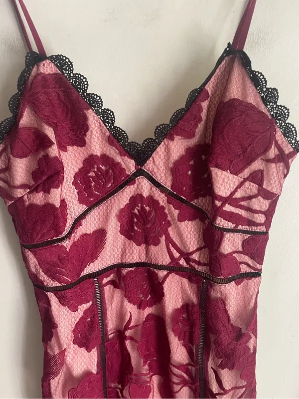 Lulus Alluring Dream Burgundy Floral Mesh Lace Trumpet Midi Dress - Image 6