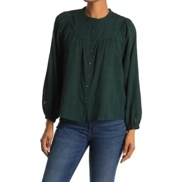 Madewell Green Plaid Print Balloon Sleeve Button Front Peasant Top Size S‎ NWT - Image 2