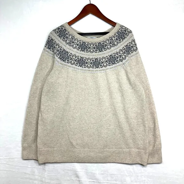 Croft & Barrow XL Fair Isle Yoke Sweater Beige Metallic Knit Cozy Winter Nordic - Image 3
